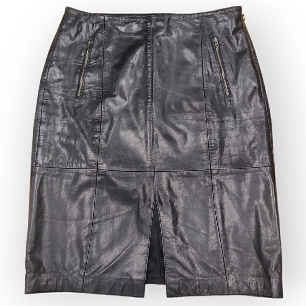 Halogen black genuine leather classic pencil sexy skirt size 6